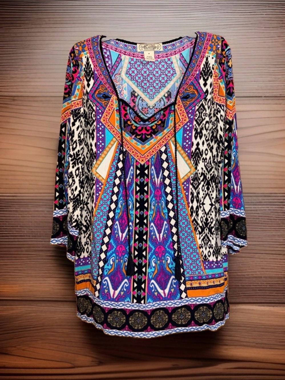 Flying Tomato Multicolor Geometric & Floral Tie Neck Tunic or Mini Dress-M-EC